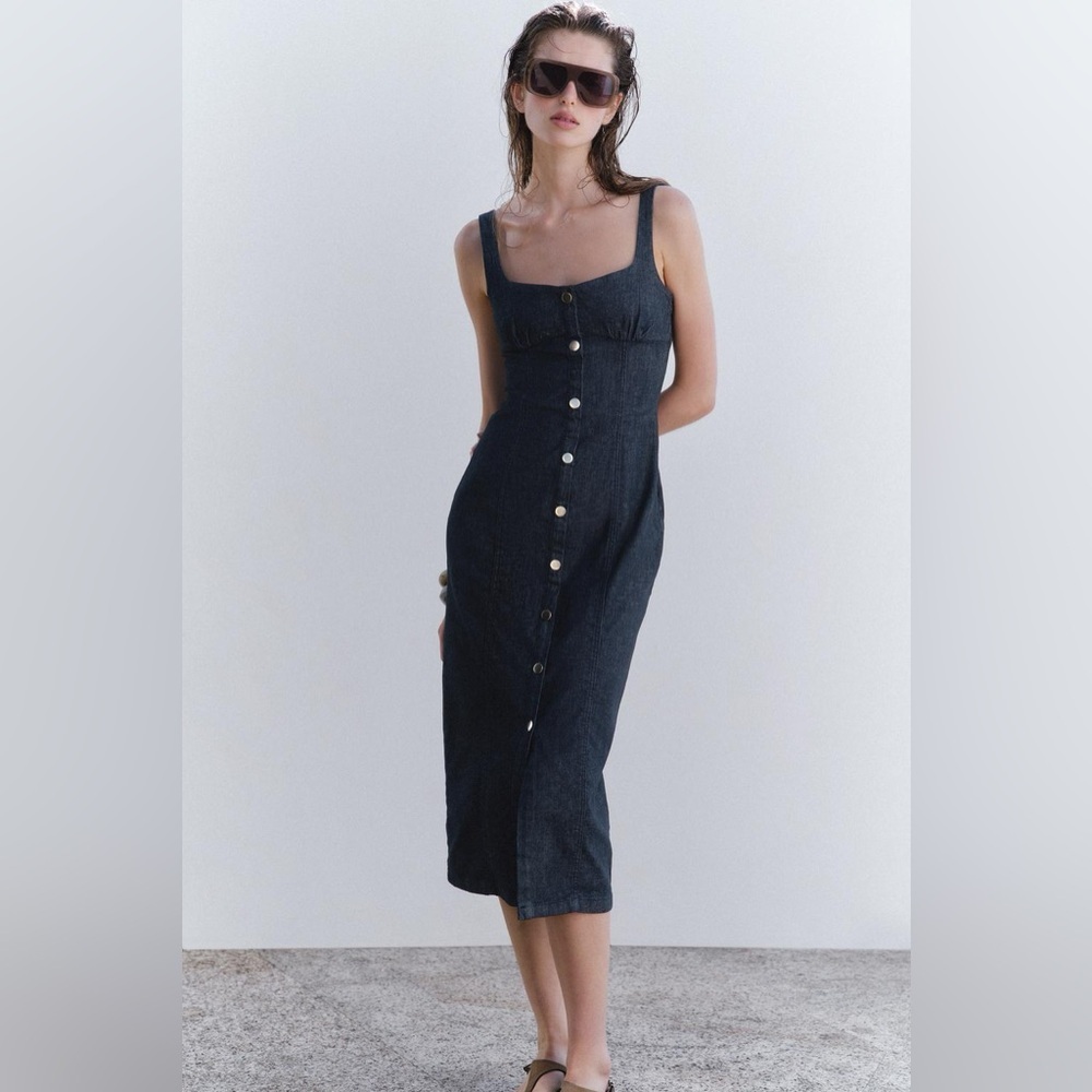 NWT ZARA STRAPPY DENIM MIDI DRESS SZ XL - Picture 3 of 7